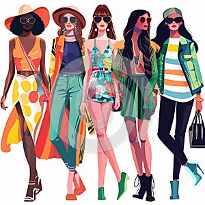 illustration of beautiful young women in fashionable clothes and accessories.