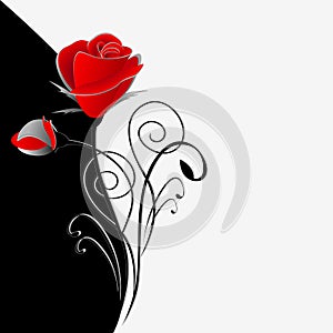 Illustration of beauty black and white floral background with a bouquet of red roses.