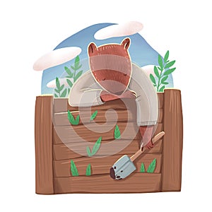 Illustration of the beaver like human in shirt holding a garden shovel and sleeping on wood board