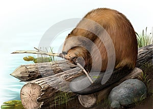 Illustration of beaver sitting on a log photo