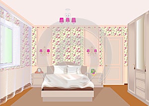bedroom interior with light floral wallpaper,