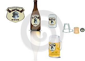 Illustration of a beer logo with a helmet of a knight and eagles on a bottle, glass, and can