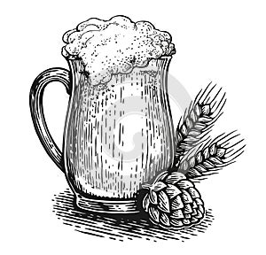 Illustration of a Beer mug with foam in engraving style. Restaurant or pub menu design element. Sketch drawing