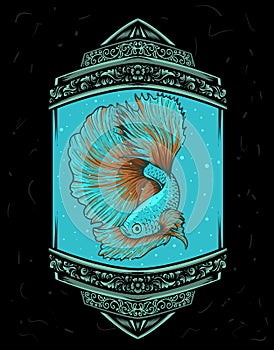 Illustration betta fish on antique aquarium ornament