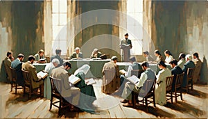 Illustration of Bible Study. A group is reading the scripture