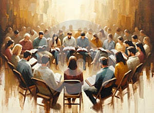 Illustration of Bible Study. A group is reading the scripture