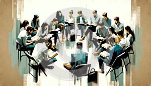 Illustration of Bible Study. A group is reading the scripture