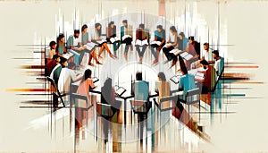 Illustration of Bible Study. A group is reading the scripture