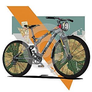 Illustration of a bicycle with a geometric and abstract design. The frame features a