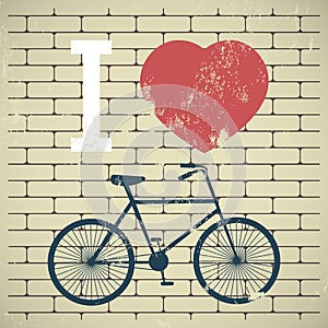 Illustration bicycle over grunge brick wall. I lov