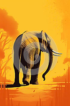 Illustration Of Big African Elephant In Orange Colors