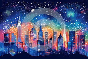 Illustration of big city skyline reflecting in the river at night. City lights skyscrapers on dark blue sky backgrounds with stars