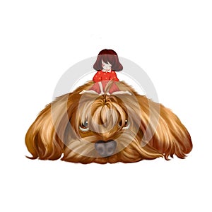 Illustration: The Big Dog and the Little Girl. The little girl sit on the big dog's hair and think to make it a pigtail. photo