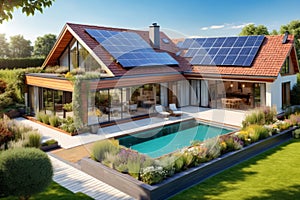 Illustration of big modern sustainable house with big windows, swimming pool and solar panels on the roof, surrounded by trees and