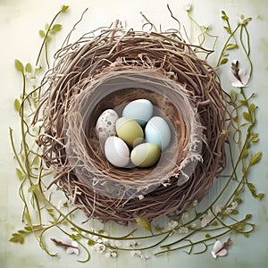 Illustration of bird eggs in a natural nest on a pastel mint green background