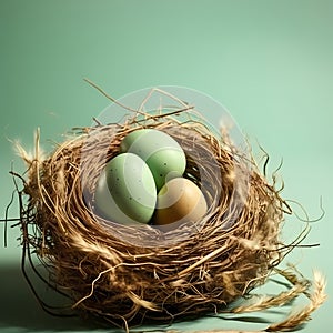 Illustration of bird eggs in a natural nest on a pastel mint green background