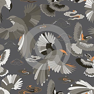 Illustration of birds, blue ivy, falcons in flight