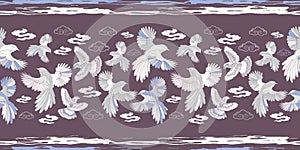 Illustration of birds, blue jay, falcons and clouds