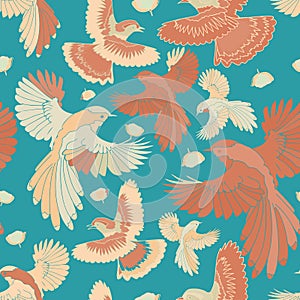 Illustration of birds, blue jay, falcons in flight.
