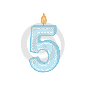 Illustration of a birthday candle number. Candle with number 5. A blue candle for the fifth birthday. Vector