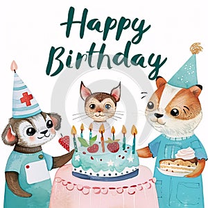 an illustration of a birthday celebration with animal characters dressed in human attire, centered around a cake with lit candles