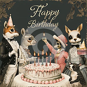 an illustration of a birthday celebration with animal characters dressed in human attire, centered around a cake with lit candles