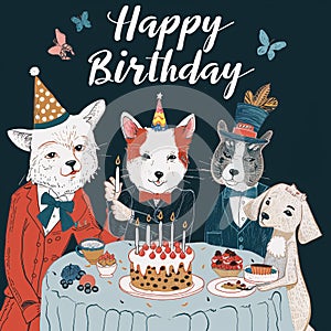 an illustration of a birthday celebration with animal characters dressed in human attire, centered around a cake with lit candles