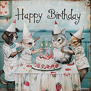 an illustration of a birthday celebration with animal characters dressed in human attire, centered around a cake with lit candles