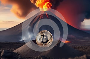 Illustration of bitcoin cryptocurrency convulsing out of volcano with lava. Bitcoun growing fast. Bitcoin coin is on top
