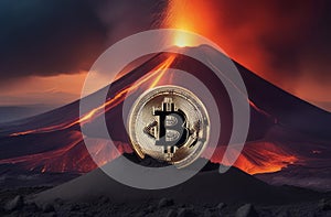 Illustration of bitcoin cryptocurrency convulsing out of volcano with lava. Bitcoun growing fast. Bitcoin coin is on top