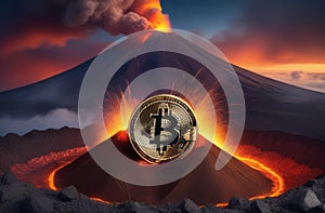 Illustration of bitcoin cryptocurrency convulsing out of volcano with lava. Bitcoun growing fast. Bitcoin coin is on top