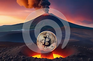 Illustration of bitcoin cryptocurrency convulsing out of volcano with lava. Bitcoun growing fast. Bitcoin coin is on top