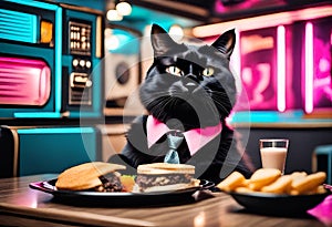 An illustration about black cat named Duffy having lunch time