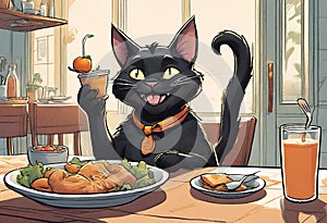 An illustration about black cat named Duffy having lunch time