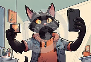 An illustration about black cat named Duffy taking a selfie