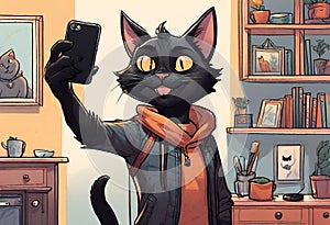 An illustration about black cat named Duffy taking a selfie