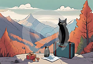 An illustration about black cat named Duffy in vacantion