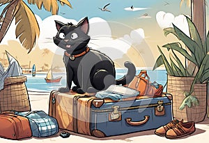 An illustration about black cat named Duffy in vacantion