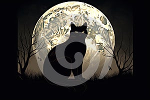 illustration of a black cat sitting with a full moon in the background Halloween design poster