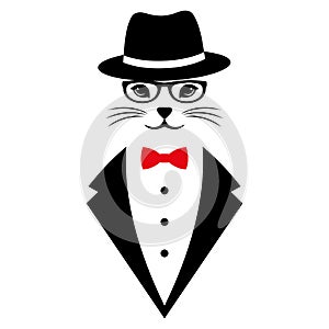 Illustration of a black cat in a suit and hat