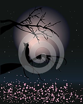 Illustration, a black cat on a tree branch against the background of the night sky with the moon and pink flowers. Wall art