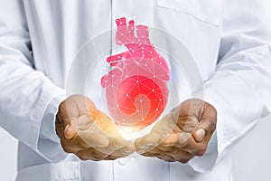 Illustration of black doctor in coat holding virtual heart