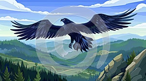 Illustration of a black eagle, falcon, or hawk flying with outspread wings over a green valley, rocks, and spruces. photo