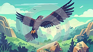 Illustration of a black eagle, falcon, or hawk flying with outspread wings over nature landscape with green valleys photo
