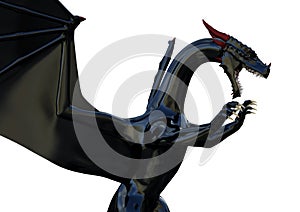 Illustration of a black fierce dragon with open mouth and claws up on a white background