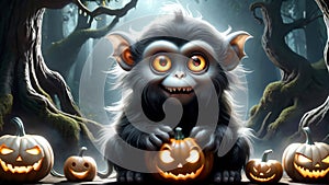 Illustration of a black-furred monkey with a mischievous face sitting in a Halloween forest