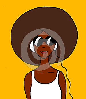Illustration of a black girl with afro hair, sunglasses and headphones
