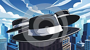 An illustration of a black hat SEO strategy with different hats on a city background, illustrating SEO marketing