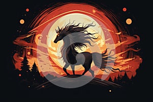 an illustration of a black horse standing in front of a full moon