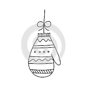 Illustration of a black knitted mitten isolated on a white background looks like a christmas ball for decoration